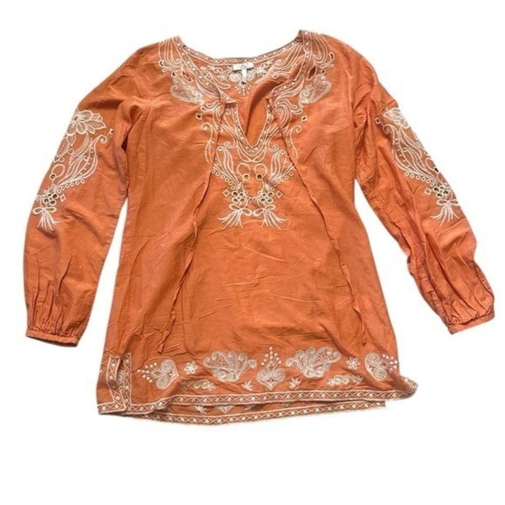 Joie Embroidered Lightweight Tunic Top - Womens Size Small - Orange and Ivory